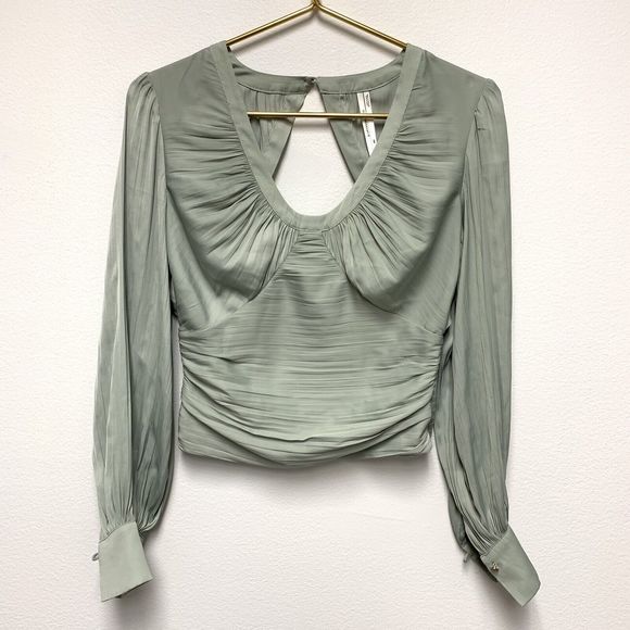 Anthropologie Open Back Corset Style Blouson Sleeve Blouse XXS Silky Ruched Mint - Picture 4 of 12